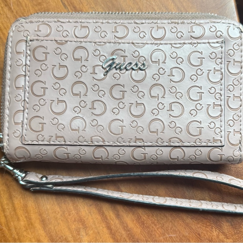 Guess Embossed Tan Wristlet Wallet